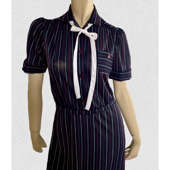 1970s Dress, Size M, Navy Pinstripe Midi Dress with Neck Tie - Picture 3 of 10